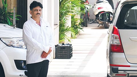 Energy Minister D K Shivakumar at his residence in Sadashivanagar, during the I-T raids. (File  | Express)