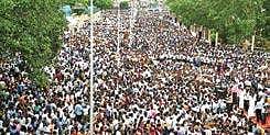 Teachers and government employees from across the State gathering at Chepauk in Chennai, as part of a protest on Saturday | D SAMPATHKUMAR