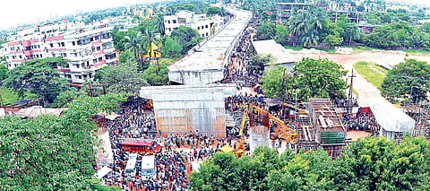 A bird’s eyeview of the under-construction flyover that collapsed near Bomikhal in Bhubaneswar on Sunday  | biswanath swain