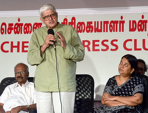 Former West Bengal Governor Gopalkrishna Gandhi sharing his views on the killing of senior journalist Gauri Lankesh at the Press Club in Chennai on  Monday | Martin Louis