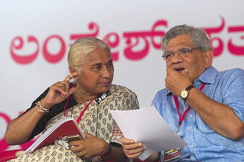 Social activist Medha Patkar and CPI(M) general secretary Sitaram Yechury participated in protests organised against the murder of journalist Gauri Lankesh and the attempt to silence free speech, in Bangalore on Tuesday.  (Nagesh Polali | EPS)