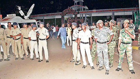 Security personnel deployed outside Utkal University after tension erupted in the campus in Bhubaneswar on Sunday  | Express