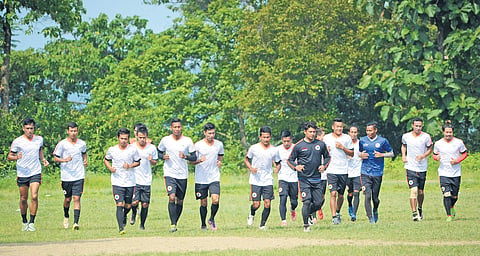 NEROCA FC players train at the Maibakhul village ground near Imphal. | (Vishnu Prasad | EPS)