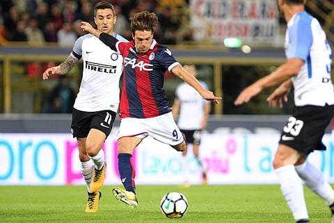 Bologna's Simone Verdi scores during a Serie A soccer match between Inter Milan and Bologna, at the Bologna Dall'Ara stadium, Italy, Tuesday, Sept. 19, 2017. | AP