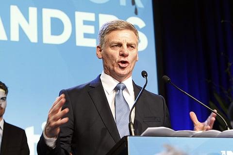 New Zealand's Prime Minister Bill English talks to hundreds of supporters after election results are announced on Saturday. (Photo | AP)