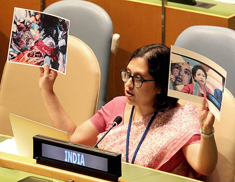 Paulomi Tripathi, Permanent Mission of India to UN reply to Pakistan at UNGA with real picture of Pak-sponsored terrorism in J K during the 72nd United Nations General Assembly UNGA in New York. | PTI