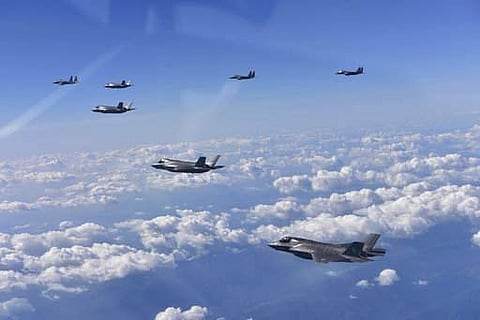 In this representational image, U.S. Air Force F-35 stealth fighter jets fly over the Korean Peninsula, South Korea.  AP