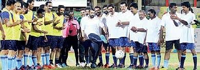 The friendly match between Chief Minister’s 11 and Speaker’s 11 being kicked off by Speaker  P Sreeramakrishnan at the Chandrashekaran Nair stadium in T’Puram. The game was organised as part of the FIFA U-17 World Cup | kaviyoor santhosh