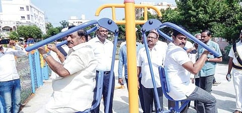 Municipal Commissioner J Niwas and Mayor Koneru Sreedhar at Kutamba Rao park in Vijayawada on Sunday   | r v k rao
