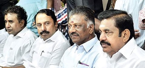Chief Minister Edappadi K Palaniswami and deputy CM O Panneerselvam at a meeting of MLAs in Chennai on Tuesday  |  D SAMPATHKUMAR
