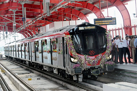 The first run of Lucknow Metro after inauguration on Tuesday. (PTI)