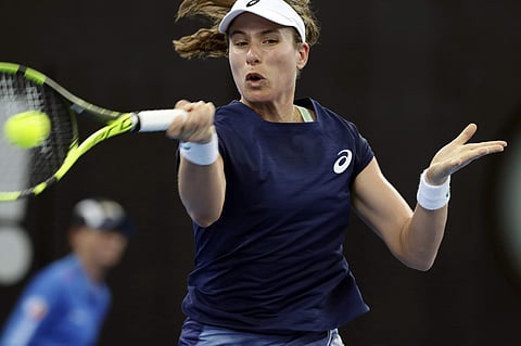 Johanna Konta of Britain plays a shot in her match against Madison Keys of the U.S. during the Brisbane International tennis tournament in Brisbane, Australia, Monday, Jan. 1, 2018. | AP