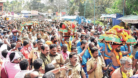 The three-day Thiruvabharanam procession being taken out from Pandalam to Sabarimala Lord Ayyappa temple on Thursday | SHAJI VETTIPURAM