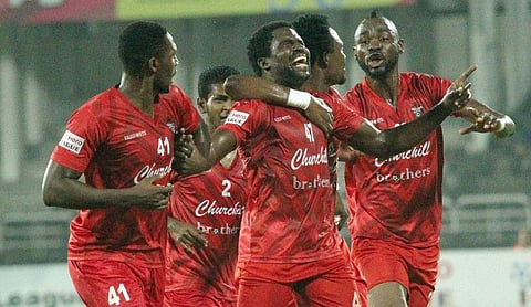 Kalu Ogba of Churchill Brothers FC Goa C celebrates goal against Gokulam Kerala FC. (Photo | PTI)