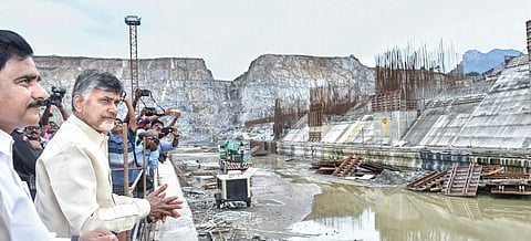 Andhra Pradesh Chief Minister N Chandrababu Naidu inspecting Polavaram project works in West Godavari district on Monday | Express