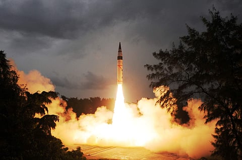 Agni-V missile being test fired from Kalam Island off Odisha coast. (EPS)