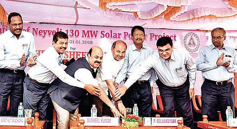 Susheel Kumar Shinde, Secretary, Ministry of Coal, inaugurating the 130 MW solar power project in Neyveli on Monday | Express