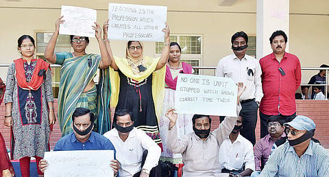 Raj Bhavan govt school teachers staging a  protest on the school premises in Hyderabad on Friday |  Vinay Madapu