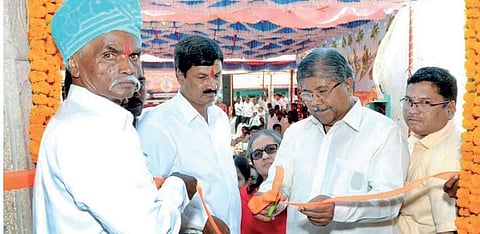 Maharashtra minister Chandrakanth Patil inaugurating the Durgadevi temple at Tavag village in Gokak. District minister Ramesh Jarkiholi is also seen | Express