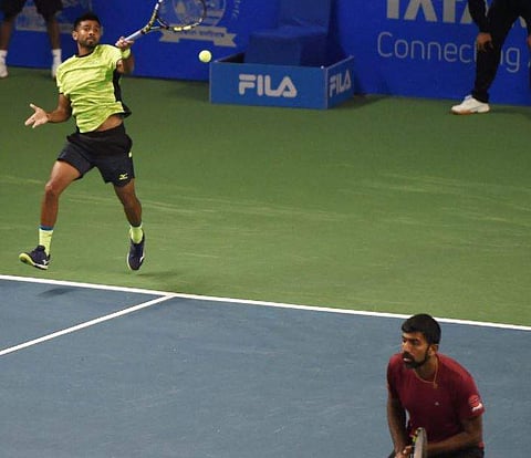 Rohan Bopanna and Jeevan Nedunchezhiyan in action during a match during Maharashtra Open 2018 Pune on Tuesday. | PTI