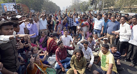 Dalit groups protesting in Mumbai against the violence in Bhima Koregaon area of Pune on Tuesday. (PTI)