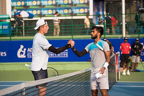 Sumit Nagal and Ilya Ivashka during the first-round match of ATP World Tour 250 series at Mahalunge Balewadi Stadium in Pune on Tuesday. | PTI