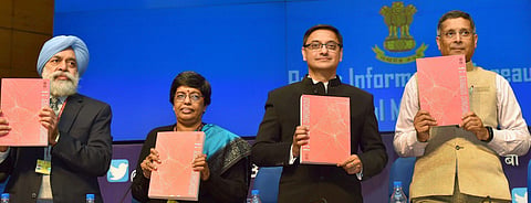 Chief Economic Adviser Arvind Subramanian gestures as he addresses the media after annual Economic Survey 2017-18 was tabled in Parliament in New Delhi on Monday. | PTI