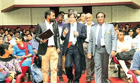 Nobel laureate Prof. Hiroshi Amano seen after delivering a lecture at during at UOH  Hyderabad on Wednesday | express