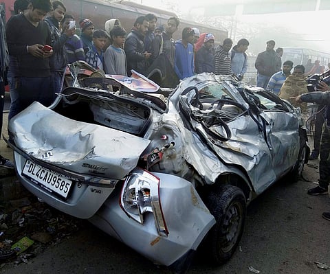 The wreckage of the car that met with an accident near Alipur village of the Delhi, killing five national-level powerlifters. | PTI