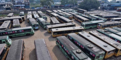 Government buses parked at Ukkadam depot in Coimbatore. (EPS file photo)