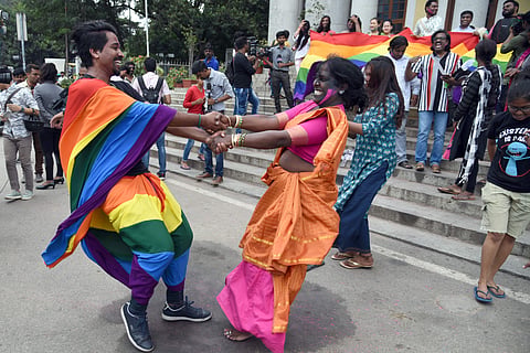 LGBT members in Bengaluru celebrate after the Supreme Court scrapped a part of the Section 377 on 6 September 2018. (Photo | Nagaraj Gadekal/EPS)