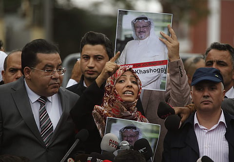 awakkol Karman, the Nobel Peace Prize laureate for 2011, gestures as she talks to members of the media about the disappearance of Saudi writer Jamal Khashoggi, near the Saudi Arabia consulate in Istanbul, Monday, Oct. 8, 2018. (Photo | AP)