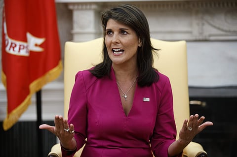 Outgoing U.S. Ambassador to the United Nations Nikki Haley speaks during a meeting with President Donald Trump in the Oval Office of the White House, Tuesday, Oct. 9, 2018, in Washington. (Photo | AP)