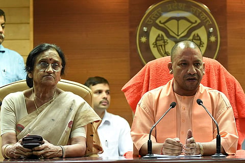 UP Chief Minister Yogi Adityanath (R) and Tourism Minister Rita Bahuguna Joshi (L) addresses a press conference to recommend CBI probe into the Deoria shelter home case in Lucknow. (Photo PTI)