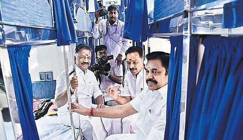CM Edappadi K Palaniswami, Dy CM O Panneerselvam & Transport Minister  M R Vijayabhaskar in a new bus in Chennai on Wednesday. (Photo | P Jawahar/EPS)
