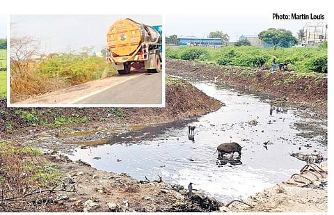 Locals allege that lorries drain waste water into canals which connect Periya Eri in Tiruneermalai to Adyar River. (Photo | EPS)