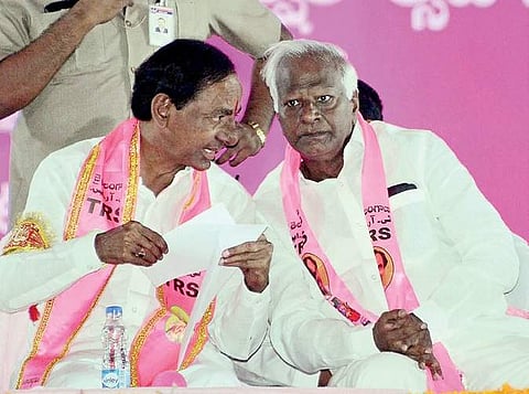 TRS chief K Chandrasekhar Rao interacting with his deputy, Kadiyam Srihari | Express photo