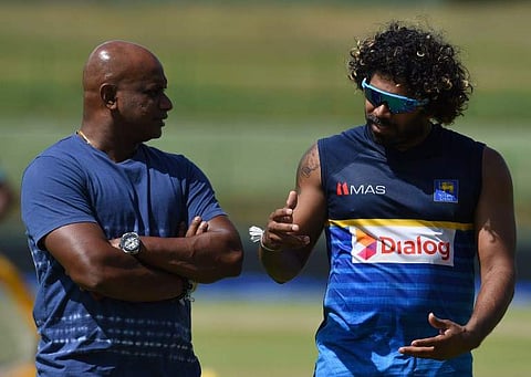 Sanath Jayasuriya with Lasith Malinga. ( Photo | AFP)