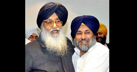 Former Punjab Chief Minister Prakash Singh Badal with son Sukhbir Singh Badal (Photo | File/PTI)