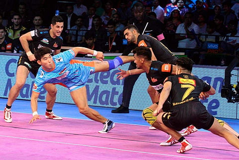 It was a disappointing night for Telugu Titans as they squandered many opportunities to win the game (Photo | Twitter/ProKabaddi)