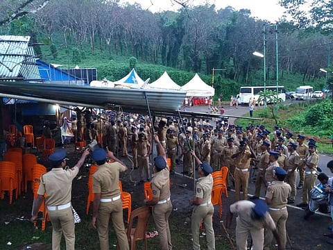 Police forcefully removed the protesters and dismantled the panthal by agitators at Nilakkal in Sabarimala on Wednesday morning. (Photo:EPS / BP Deepu)
