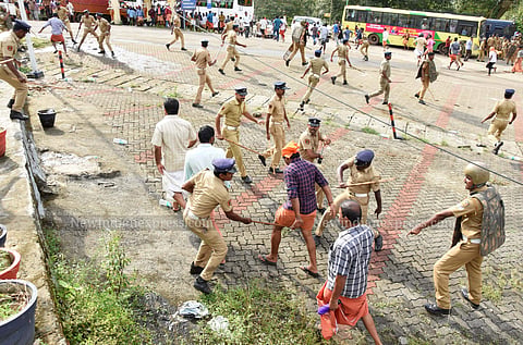 Chaos and mayhem on the road leading from Nilackal, the gateway to the shrine, 20 km away, to Pamba in the foothills from where the devotees start the arduous 6-km trek to Sabarimala reigned supreme, as activists of fought pitched battles with police, lea