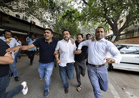 Ashish Pandey accused of brandishing gun at guests outside a hotel being brought out of the Patiala House Courts in New Delhi. (File | PTI)