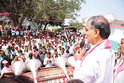 Harish Rao speaks during a meeting in Gajwel, on Monday. | Express
