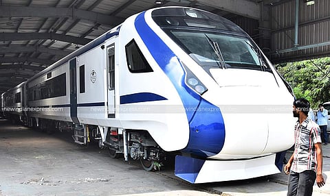The 16 coaches of T-18, air-conditioned chair car type have been manufactured at a cost of Rs 100 crore to run at 160 kmph per hour. (EPS | Ashwin Prasath)