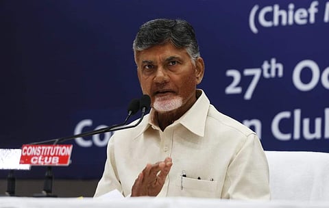 Andhra Pradesh CM N Chandrababu Naidu addressing a press conference in New Delhi on Saturday. | (Shekhar Yadav | EPS)