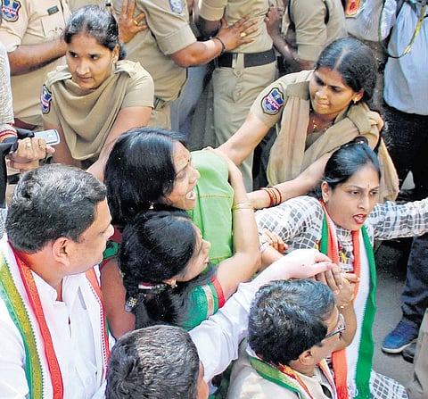 Members of grand alliance parties protest at the CBI office in Koti, Hyderabad on Friday. They protested against the Centre’s move to divest CBI Director Verma of all powers and send him on leave.  Sathya Keerthi