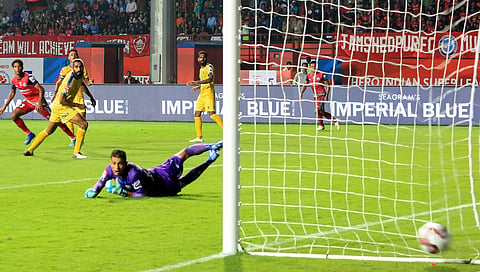 Jamshedpur FC scores a goal against Kerala Blasters during their ISL clash | PTI