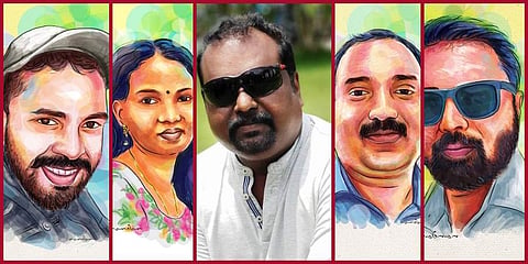 Artist Nandakumar (C) and a few of the graphic portraits he made as a part of the campaign (Facebook images)
