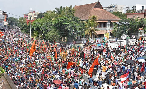BJP activists marched to the secretariat to protest the implementation of the Supreme Court verdict allowing women of all age groups entry into the Sabarimala shrine. (File photo | B P Deepu/ EPS)